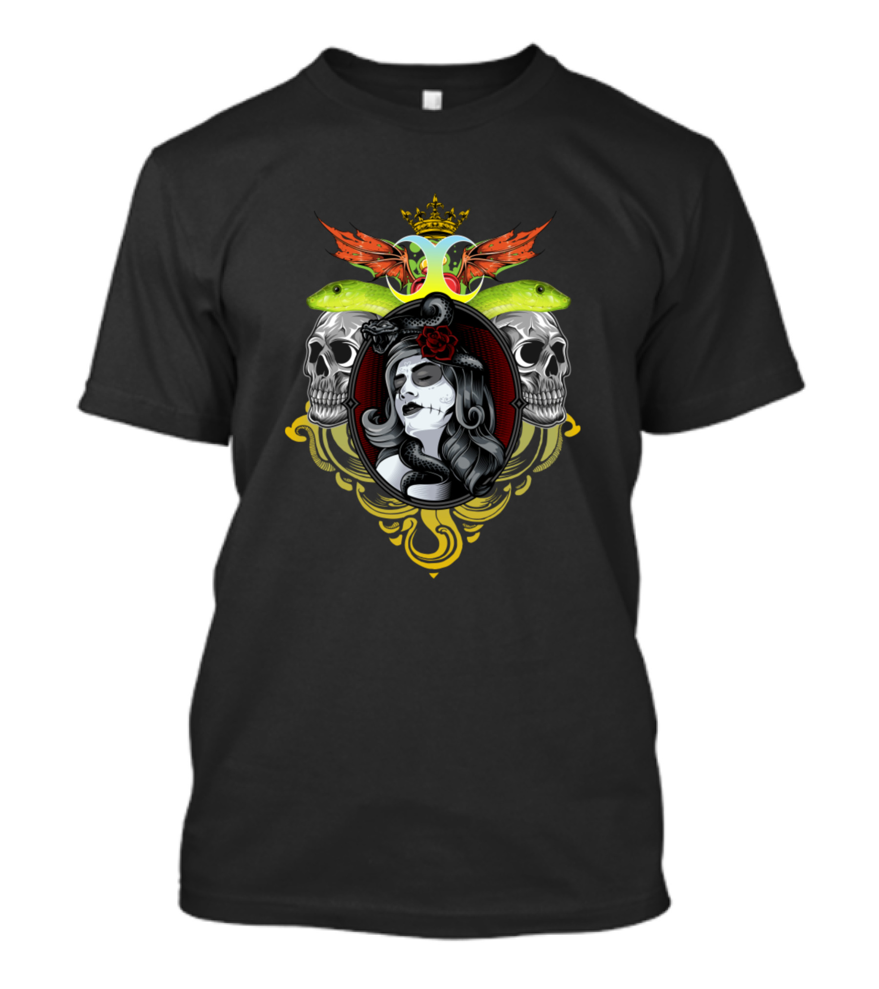Dark Pinup Witch Skulls Snakes Crown T-Shirt