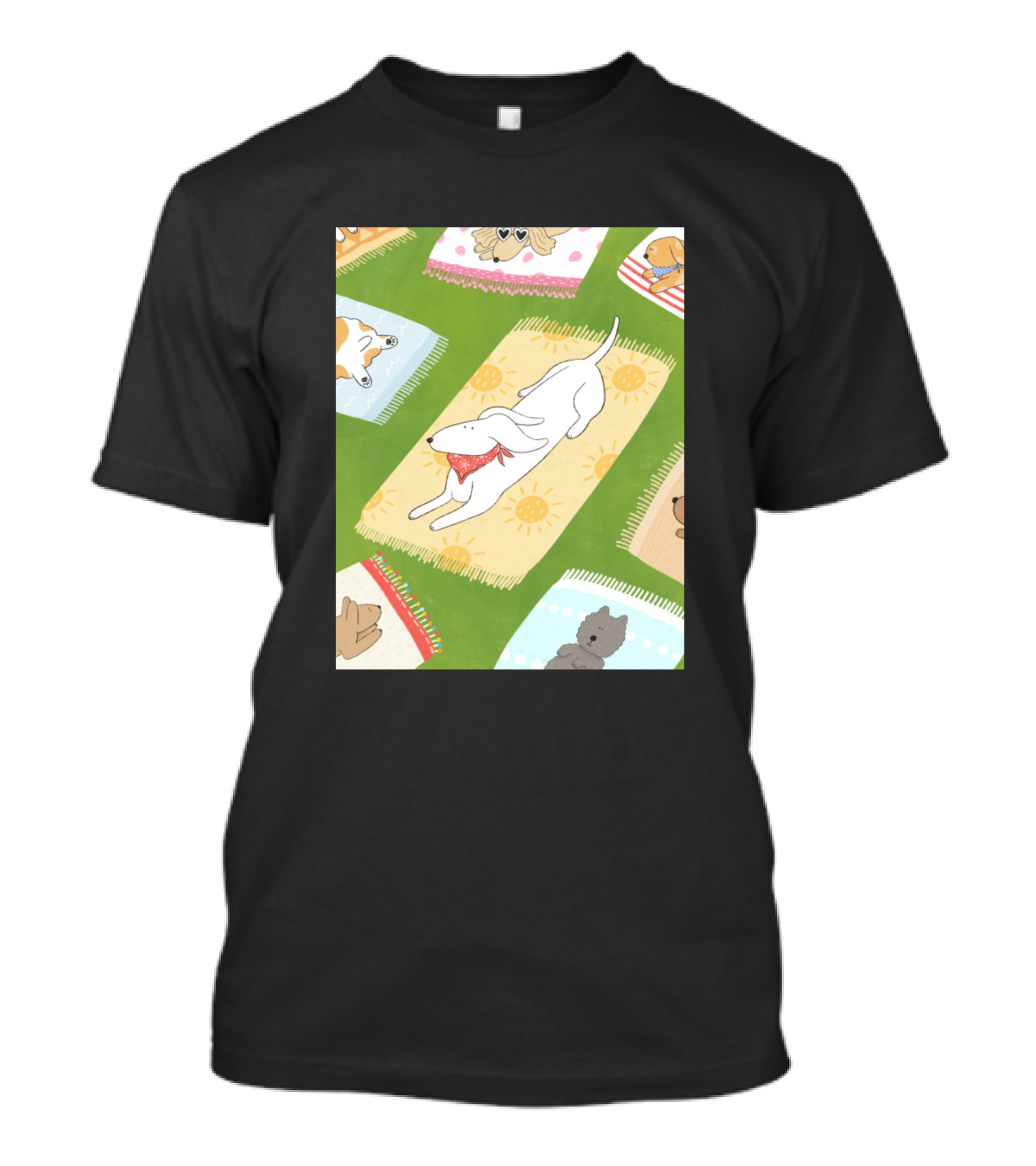 Dog Days Sunbathing On Colorful Beach Towels With Playful Pups T-Shirt