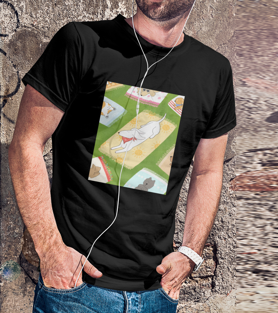 Dog Days Sunbathing On Colorful Beach Towels With Playful Pups T-Shirt