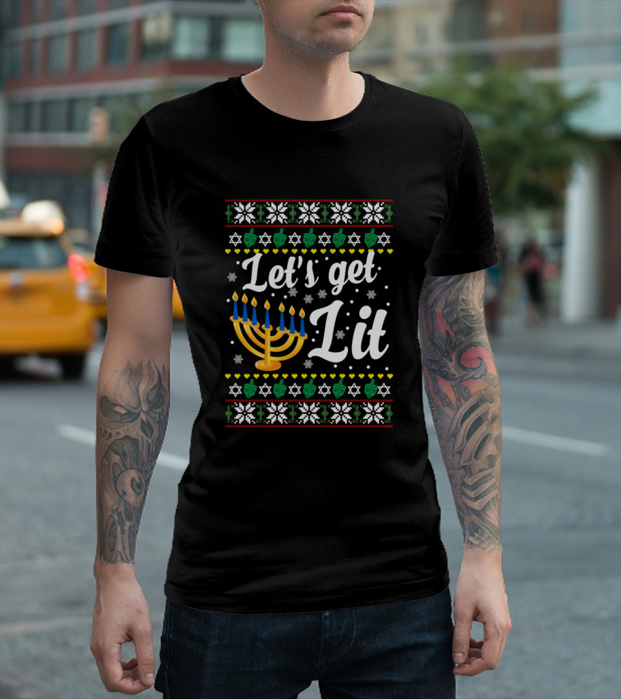 Let's Get Lit Hanukkah Menorah Ugly Sweater Design Snowflakes Dreidels Stars T-Shirt