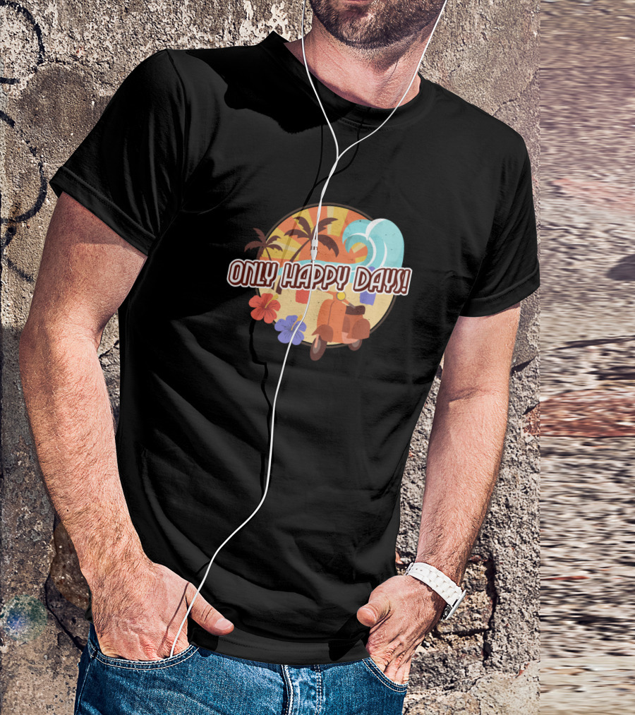 Only Happy Days Palm Trees Sunset Scooter And Surf Wave Floral Vintage Vibes T-Shirt