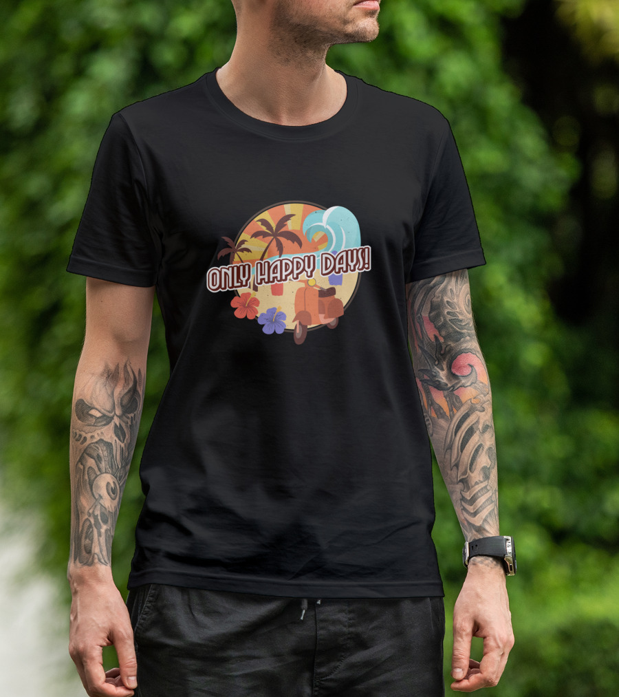 Only Happy Days Palm Trees Sunset Scooter And Surf Wave Floral Vintage Vibes T-Shirt