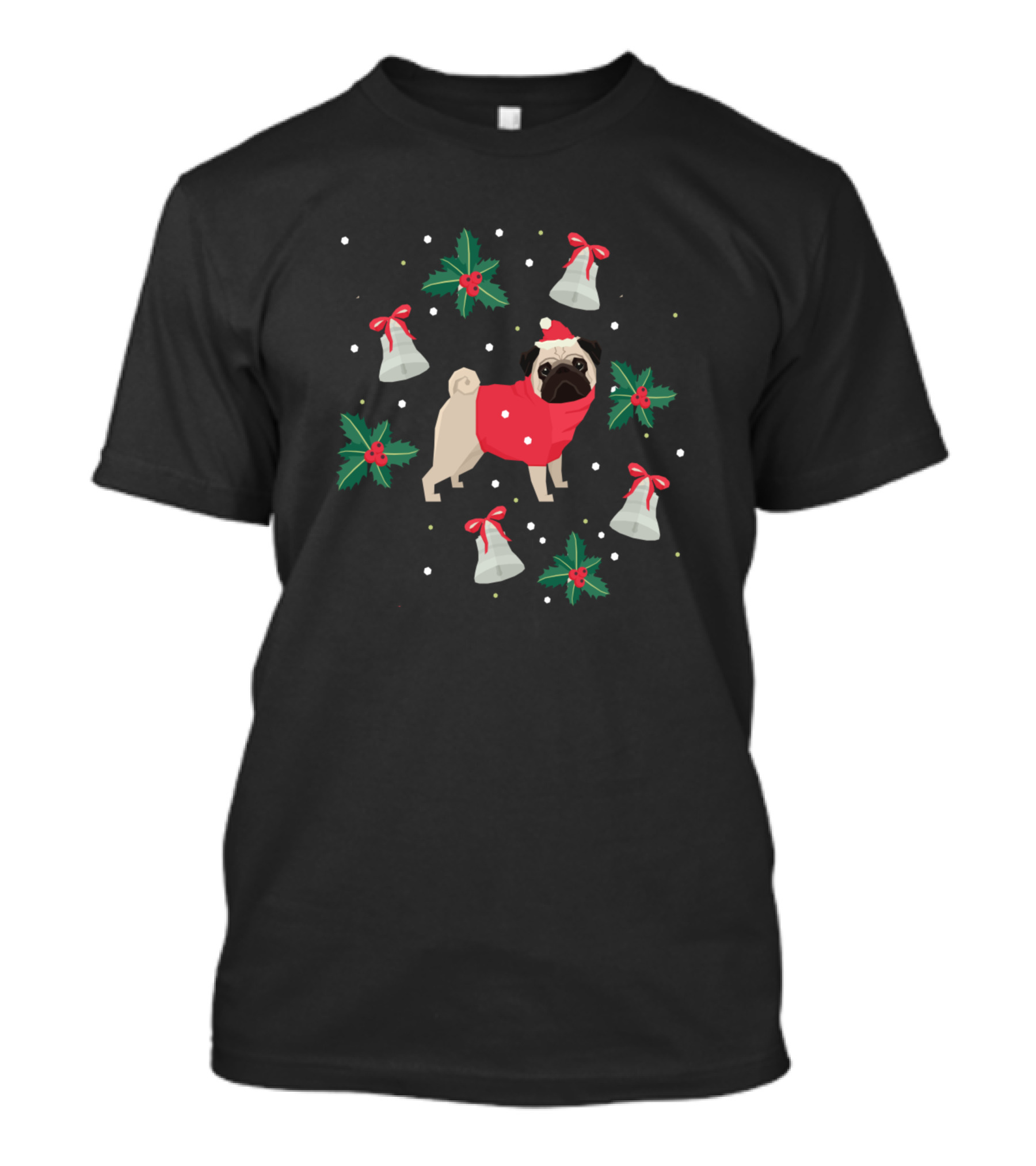 Pug Merry Christmas Bells And Holly Festive T-Shirt