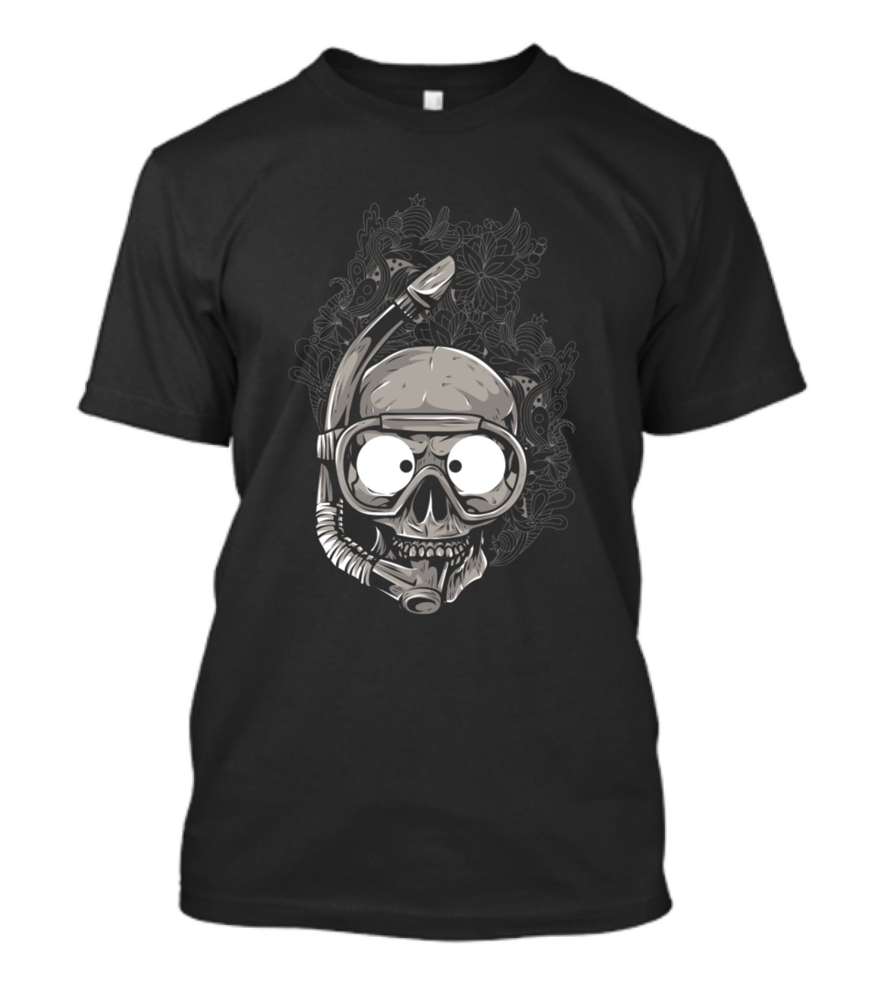 Skull With Snorkel And Goggles On Intricate Floral T-Shirt
