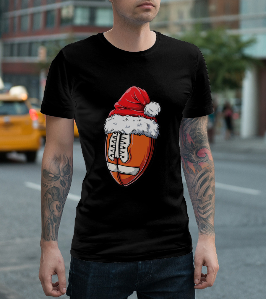Christmas Football Santa Hat Funny Sport Holiday Ball T-Shirt