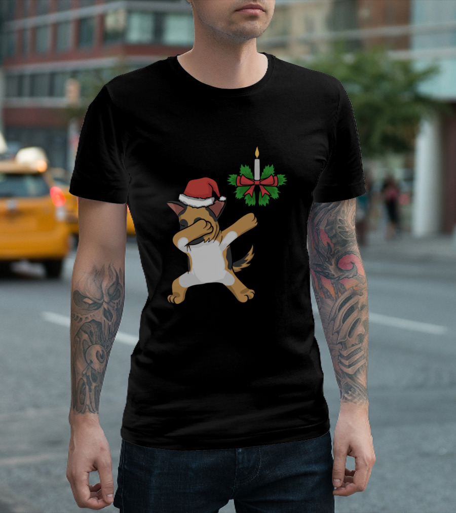 Cute Christmas Dabbing German Shepherd Dog with Santa Hat and Candle Wreath T-Shirt