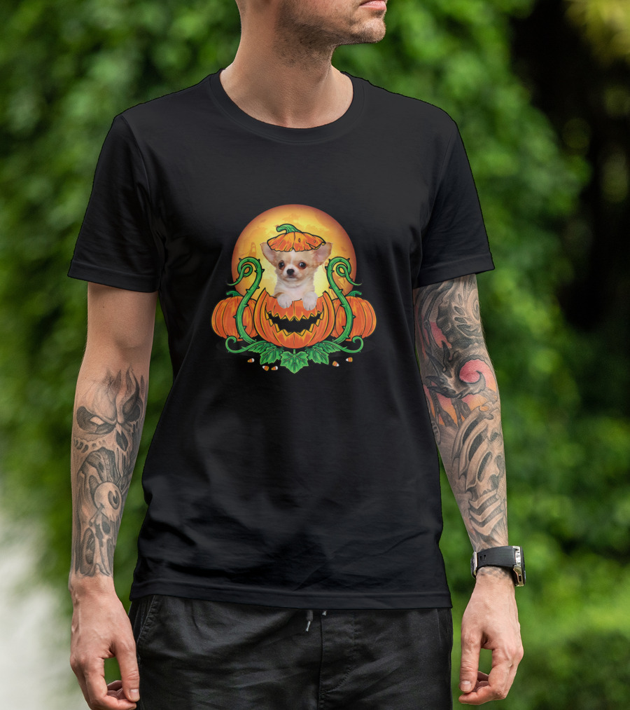 Halloween Cute Dog Peeking From Pumpkins With Glowing Background T-Shirt