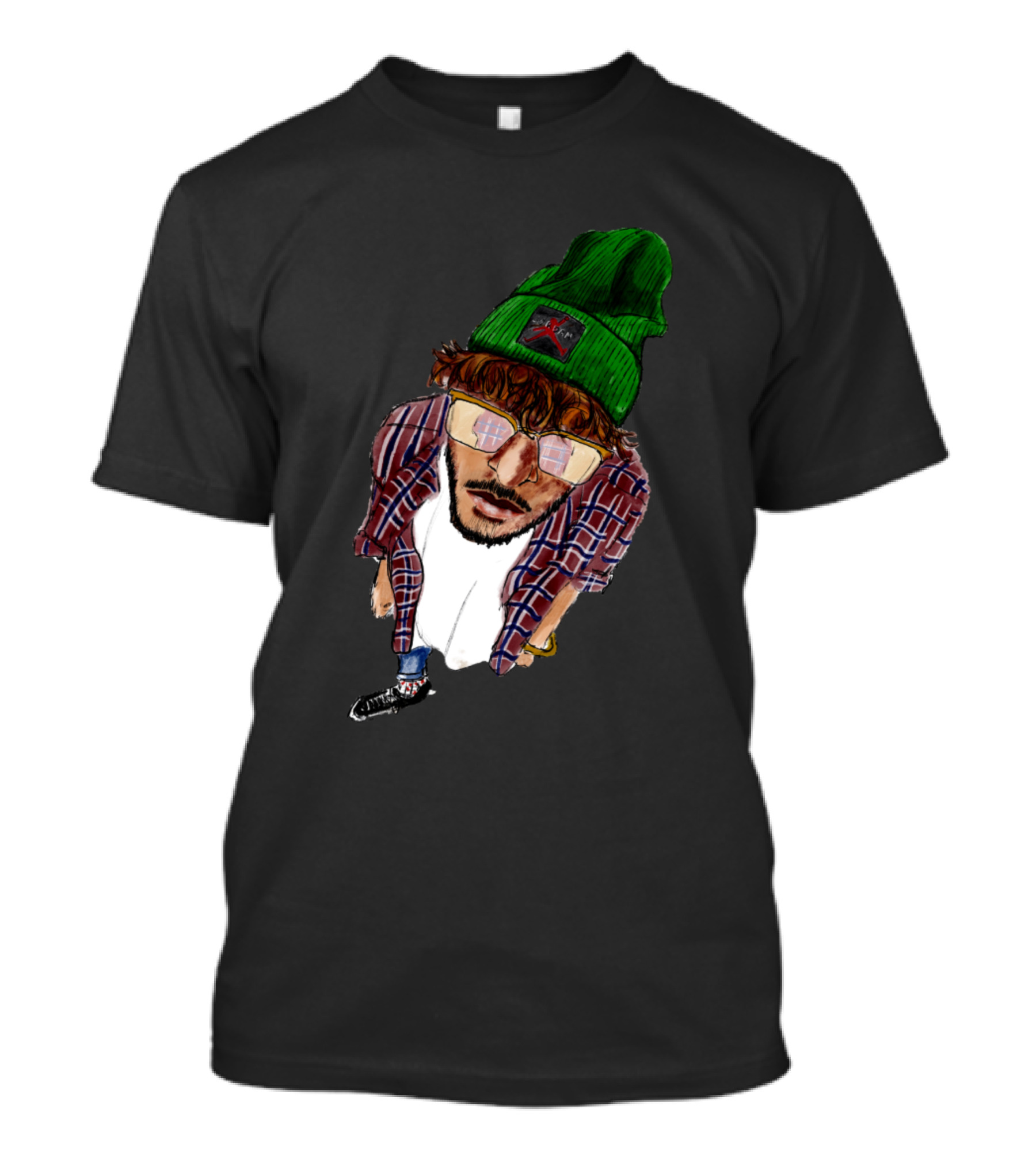 Hipster Guy Green Beanie Sunglasses Flannel Shirt Looking Up T-Shirt