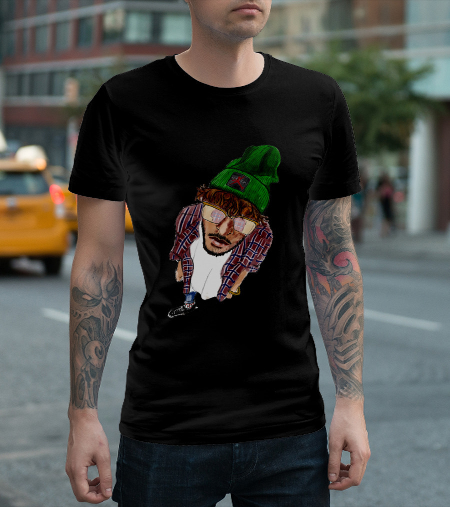Hipster Guy Green Beanie Sunglasses Flannel Shirt Looking Up T-Shirt