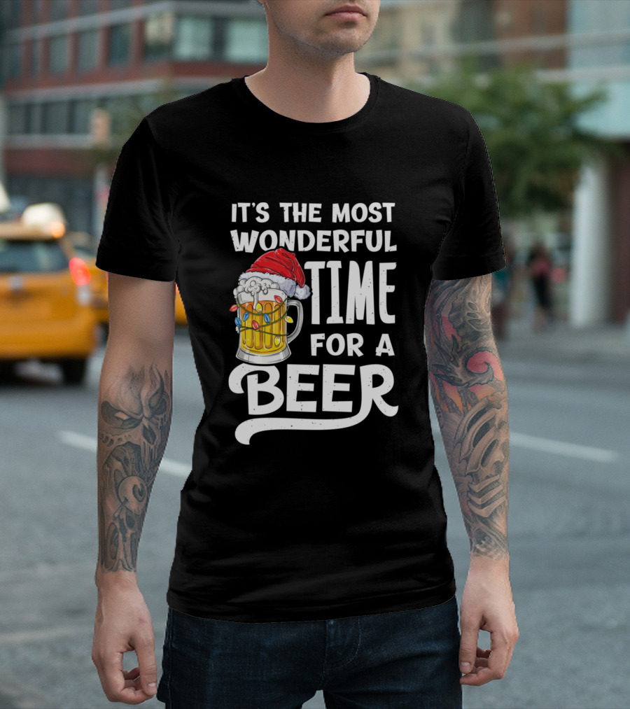 It's The Most Wonderful Time For A Beer With Santa Hat And Christmas Lights On A Mug T-Shirt