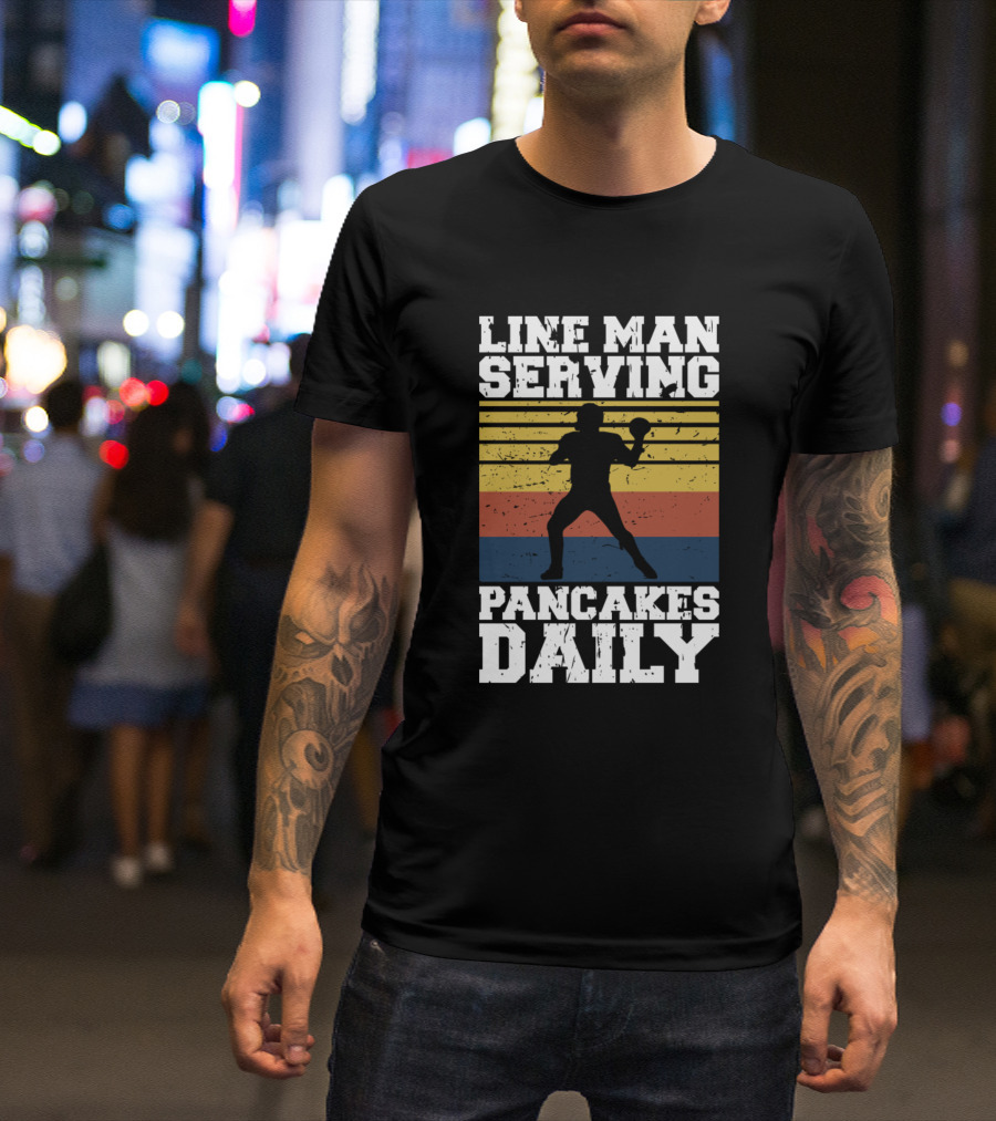 Line Man Serving Pancakes Daily Retro Stripes Football T-Shirt