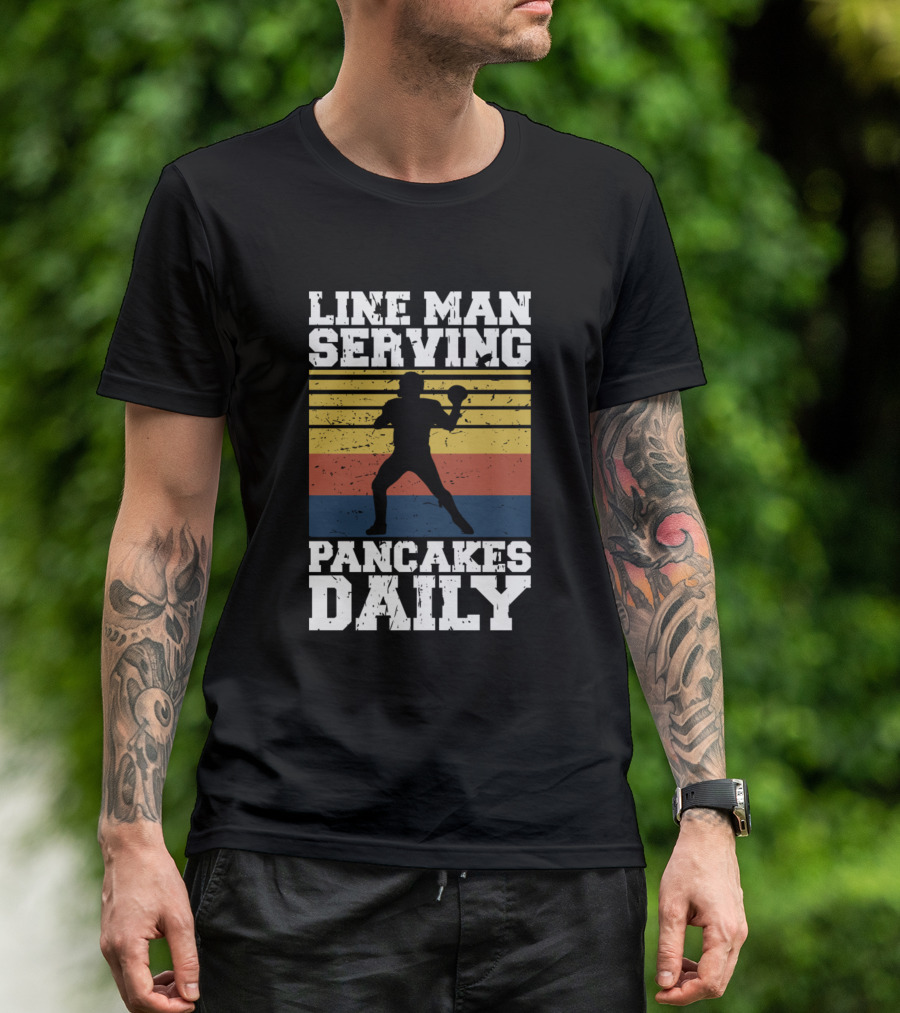 Line Man Serving Pancakes Daily Retro Stripes Football T-Shirt