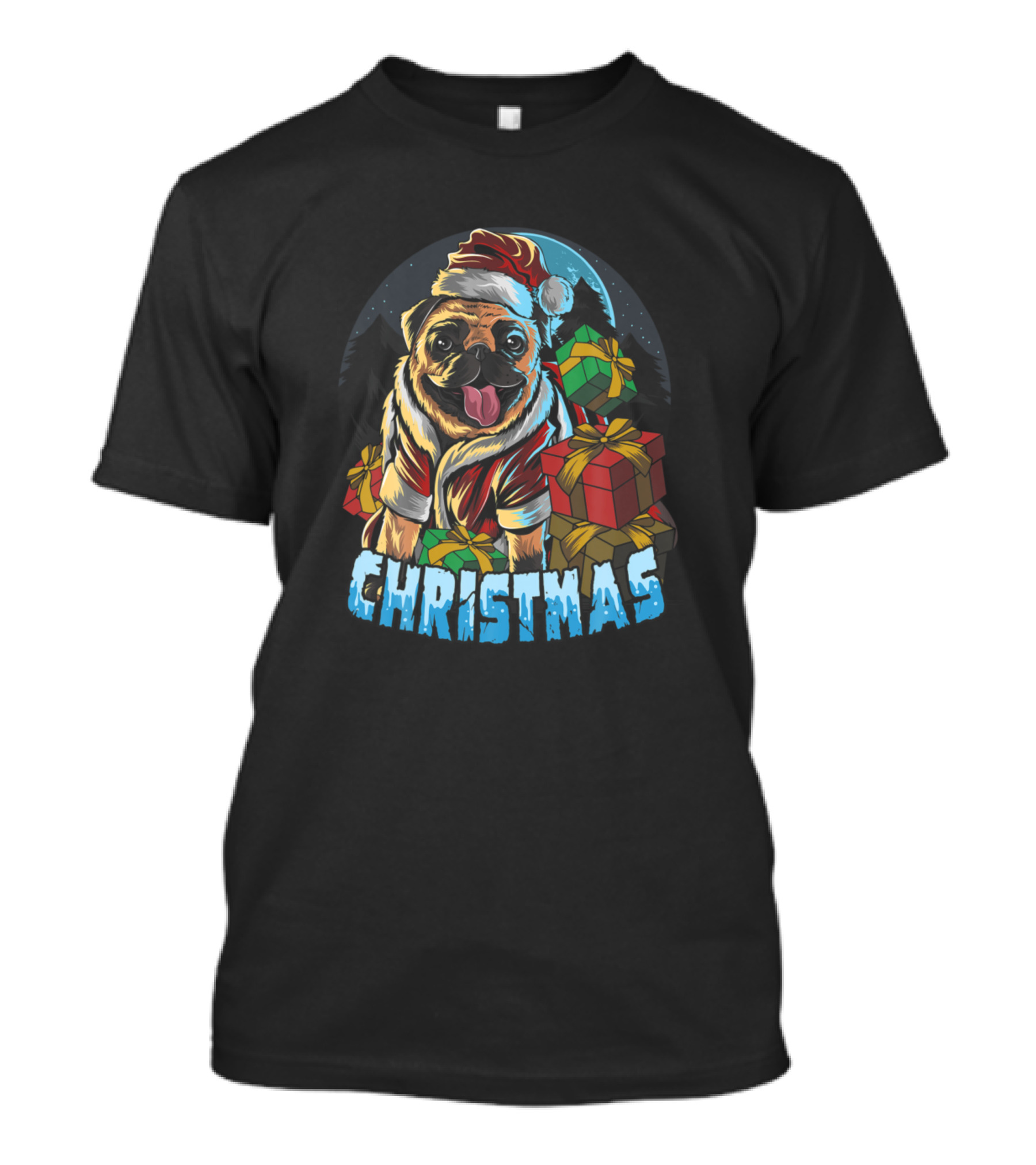 Pug Dog In Santa Claus Outfit With Presents Christmas Family T-Shirt