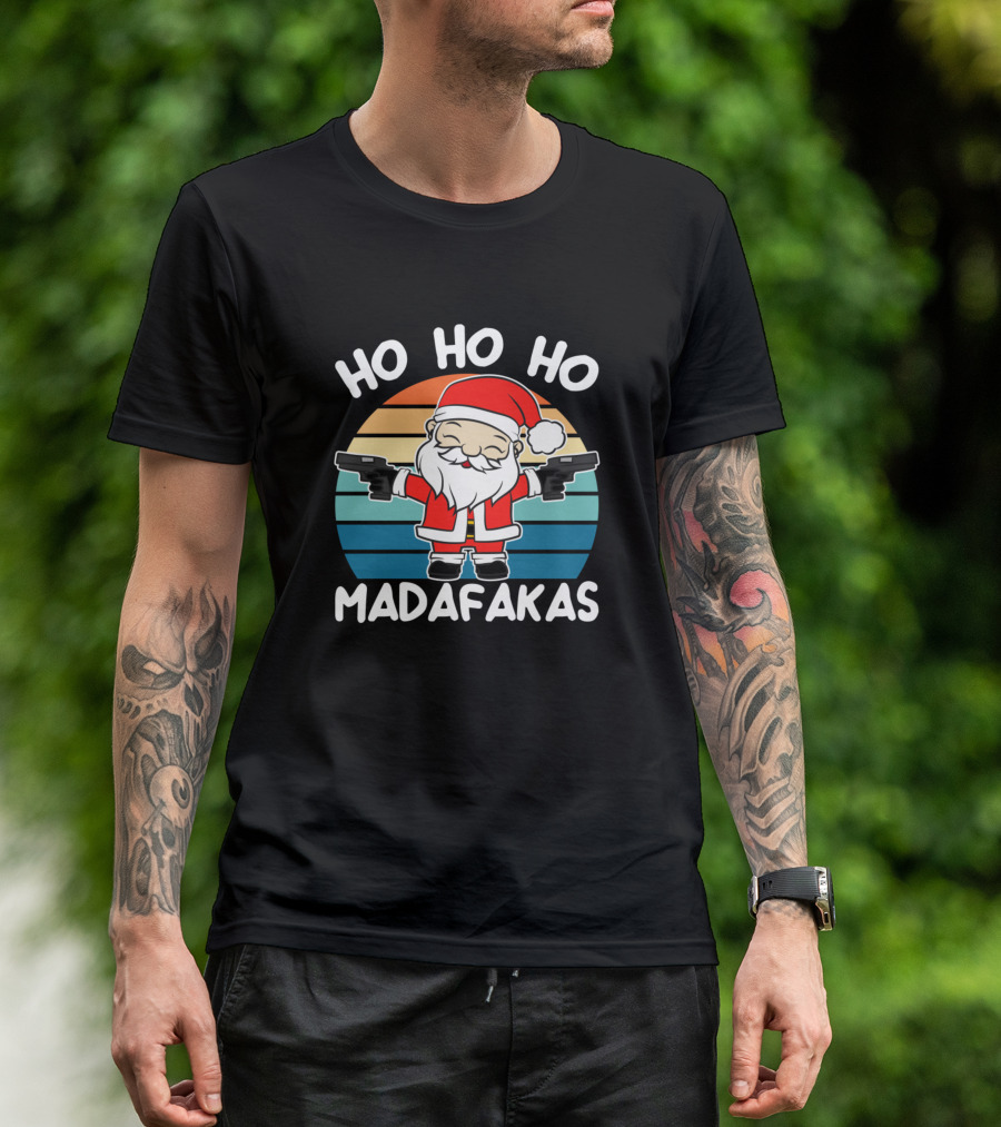 Ho Ho Ho Madafakas Santa Claus Pistols Retro Stripes T-Shirt
