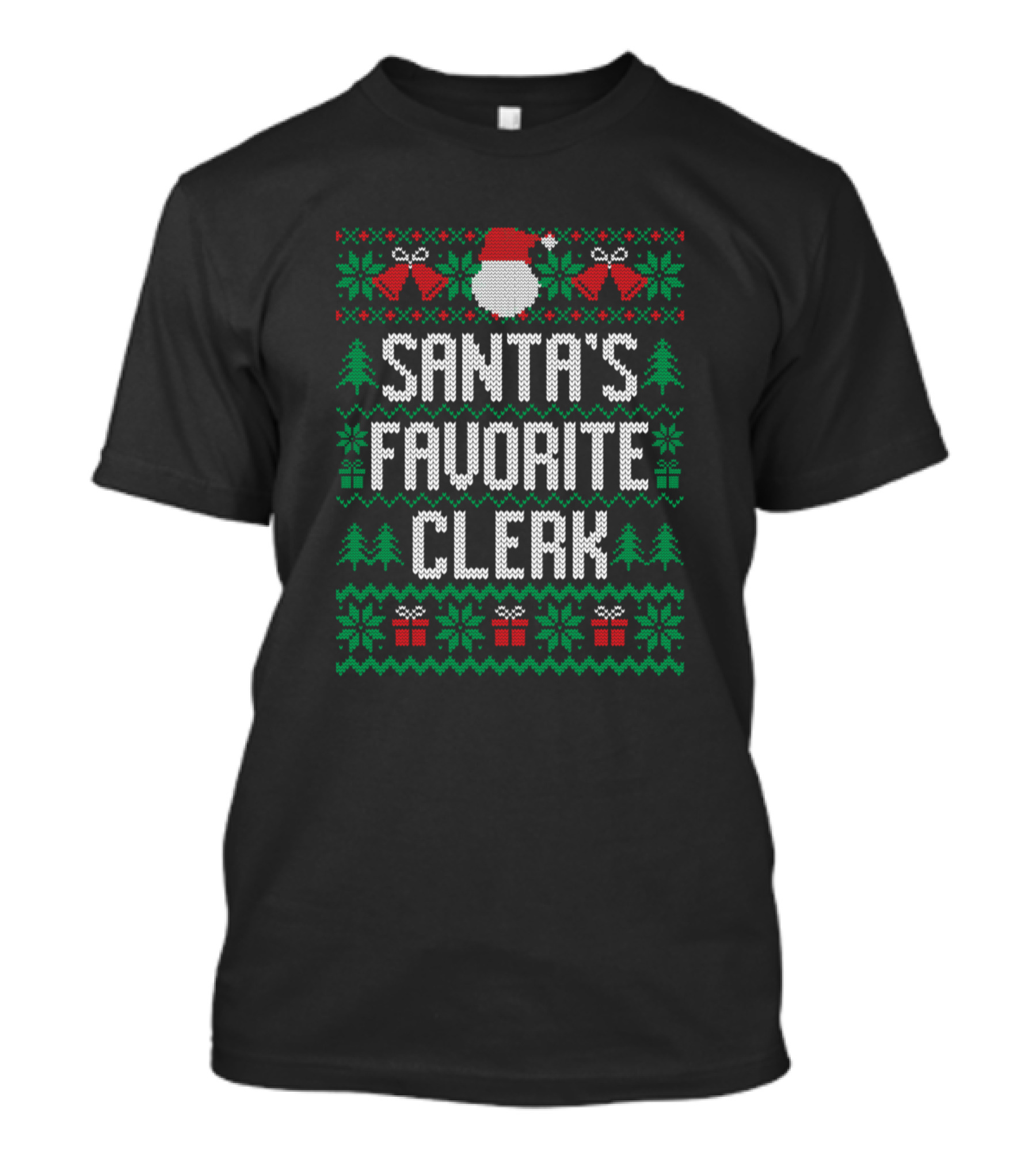 Santa's Favorite Clerk Christmas Sweater Design With Santa Hat, Bells, Trees, Gifts, And Snowflakes T-Shirt
