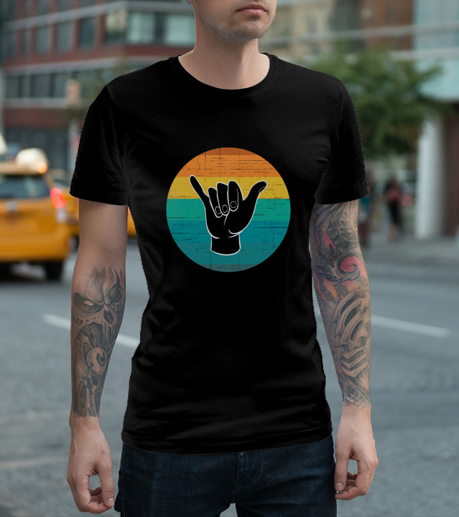Shaka Hand Gesture with Retro Sunset Stripes T-Shirt
