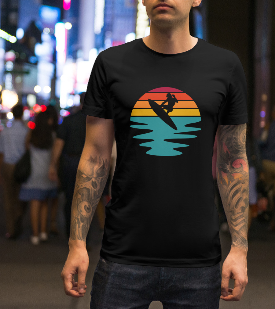 Surfer Sunset Silhouette Vintage Waves Ocean Scene T-Shirt