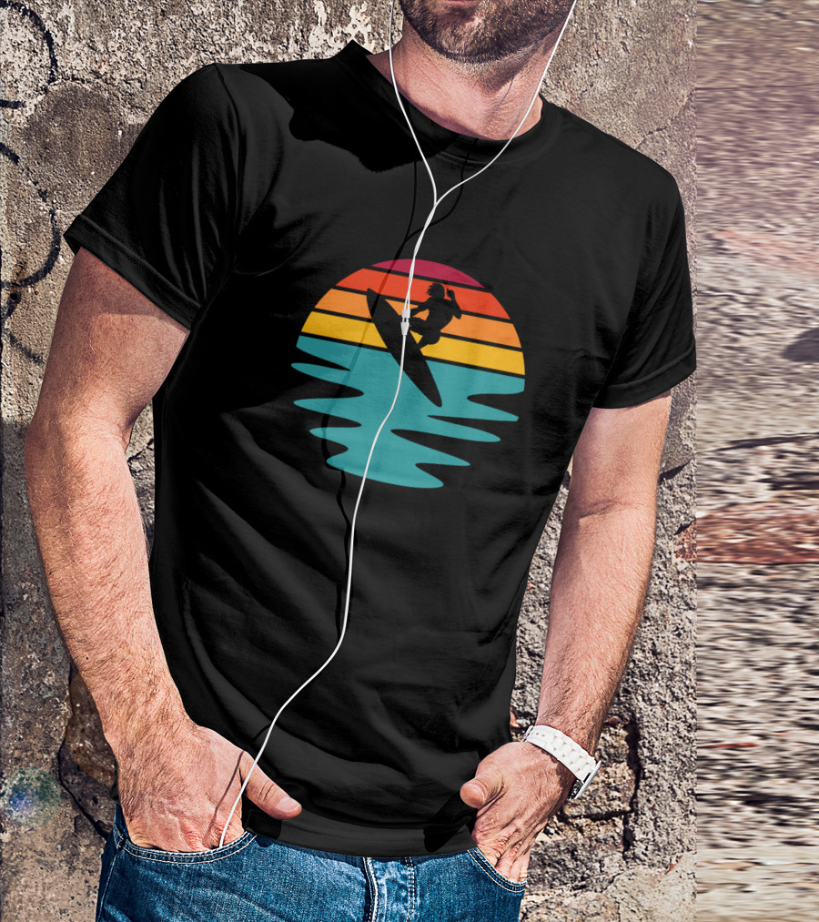 Surfer Sunset Silhouette Vintage Waves Ocean Scene T-Shirt