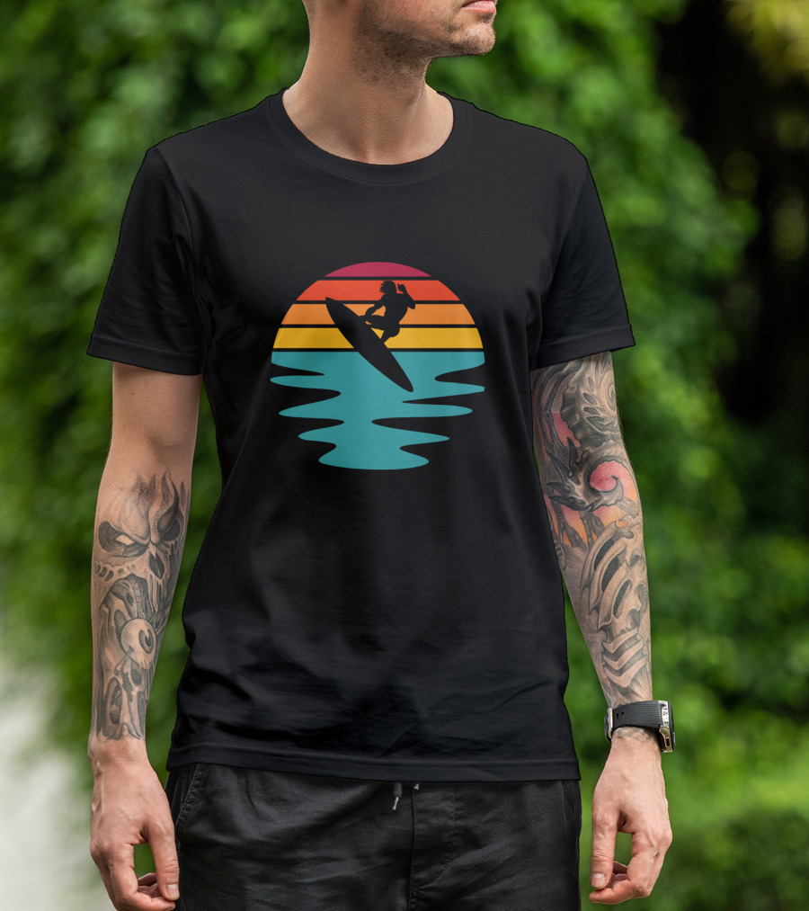 Surfer Sunset Silhouette Vintage Waves Ocean Scene T-Shirt