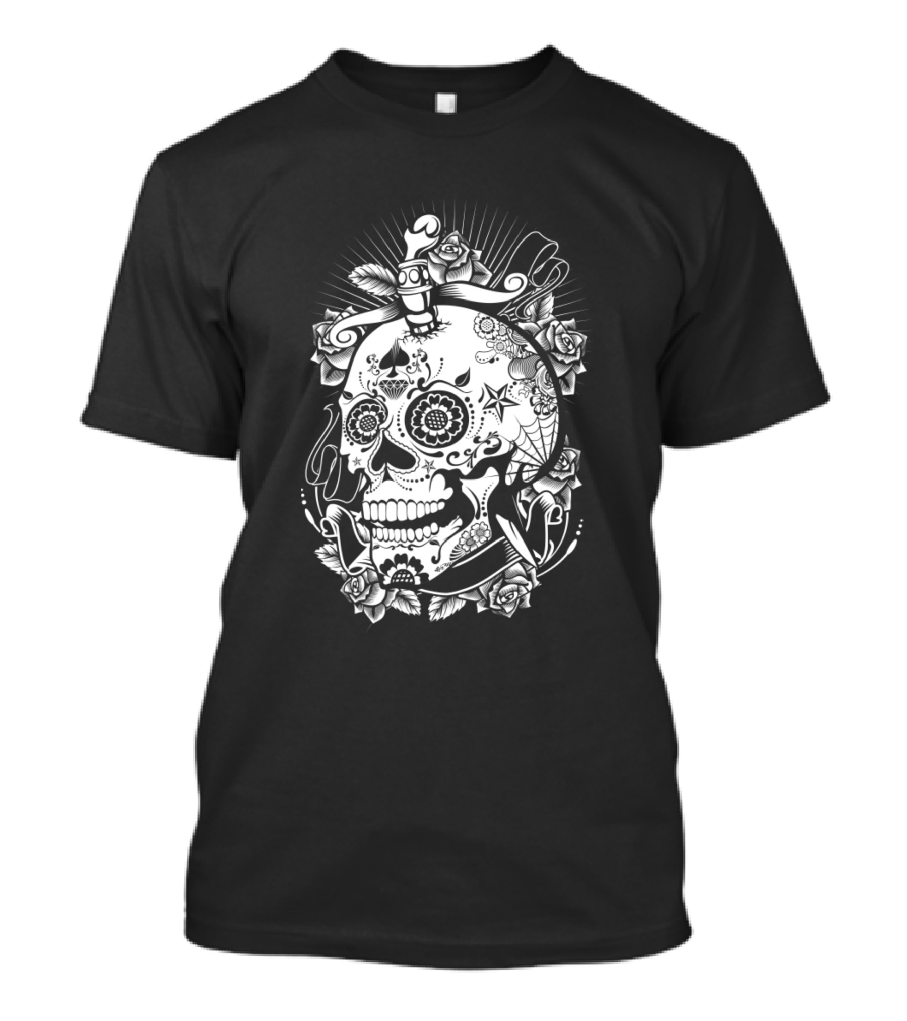 White Skull Sugar Roses Tattoo T-Shirt