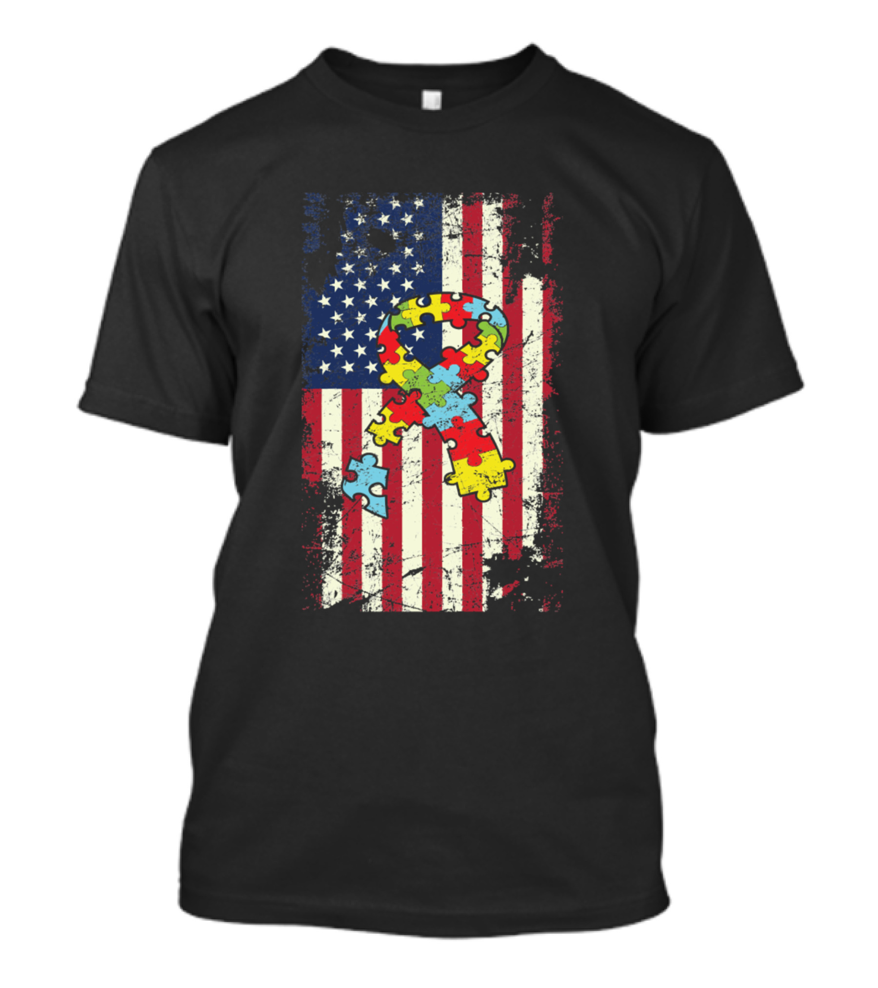 Autism Awareness American Flag Distressed Puzzle T-Shirt