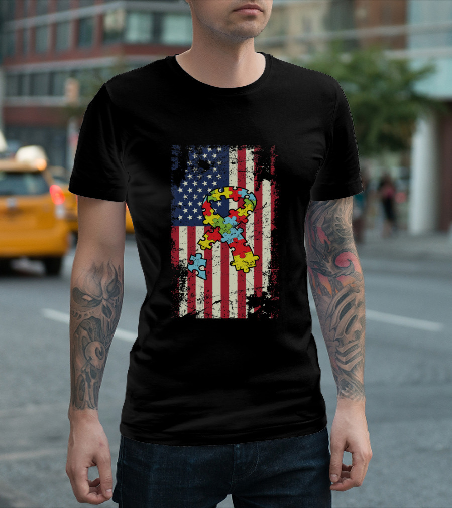 Autism Awareness American Flag Distressed Puzzle T-Shirt