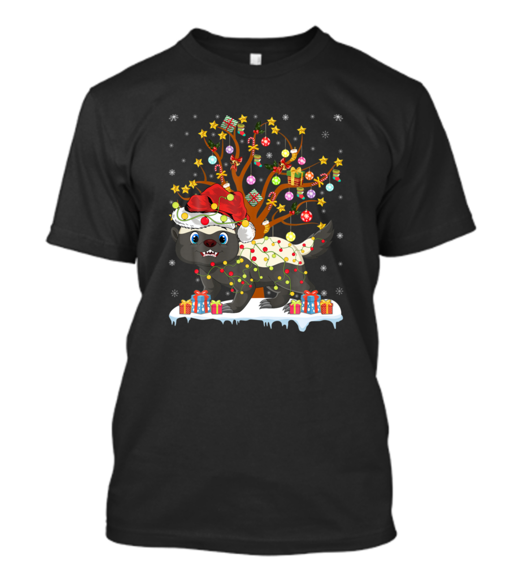 Badger With Santa Hat And Christmas Lights In Front Of Decorated Tree And Gifts T-Shirt