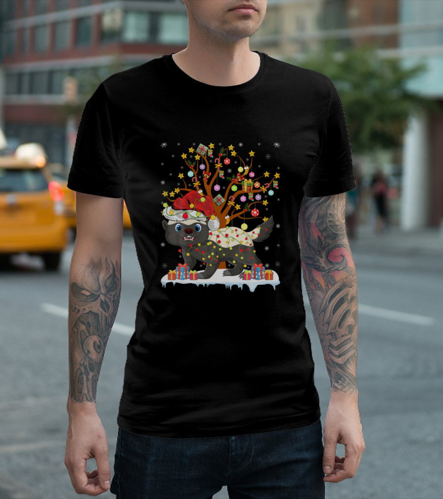 Badger With Santa Hat And Christmas Lights In Front Of Decorated Tree And Gifts T-Shirt