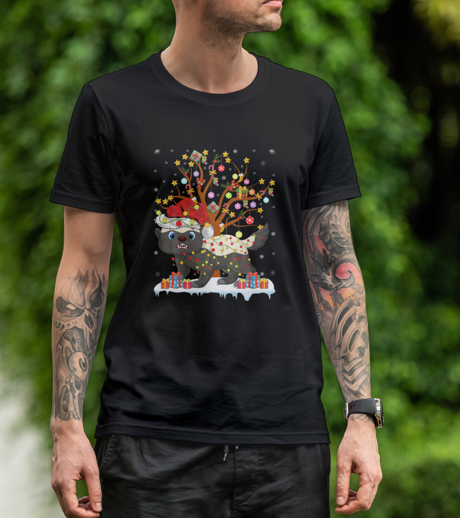 Badger With Santa Hat And Christmas Lights In Front Of Decorated Tree And Gifts T-Shirt