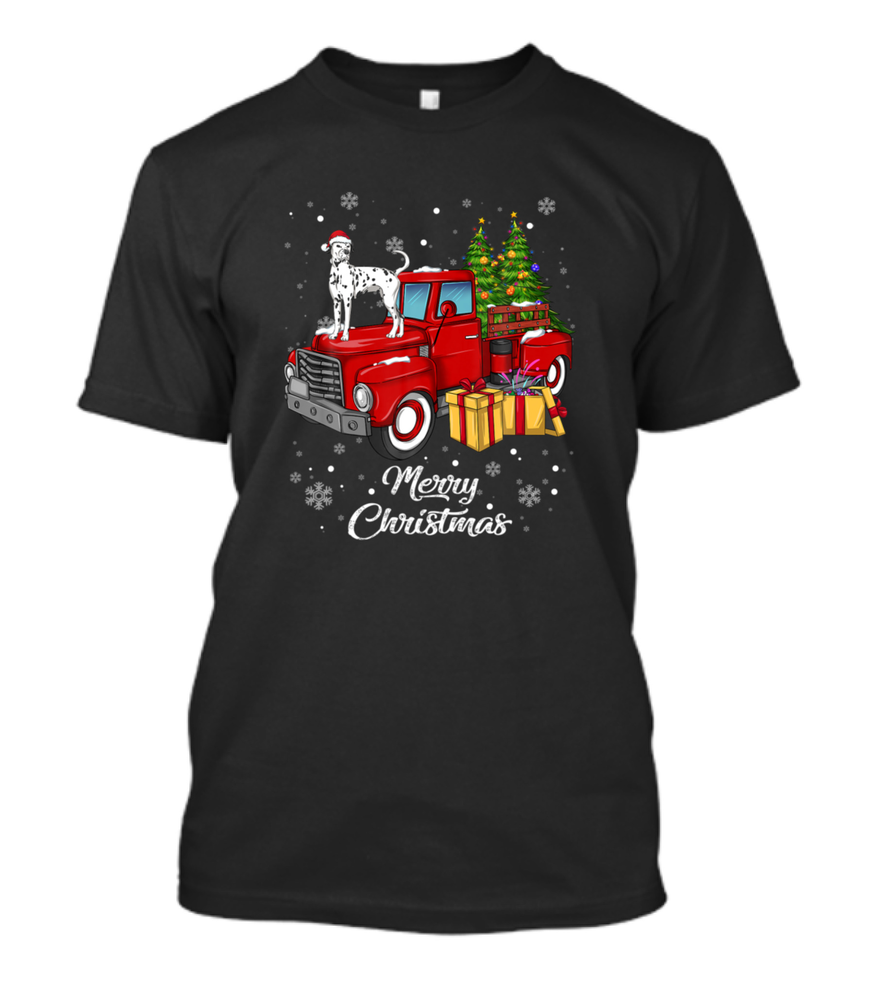 Dalmatian On Red Truck With Christmas Presents And Tree Merry Christmas T-Shirt