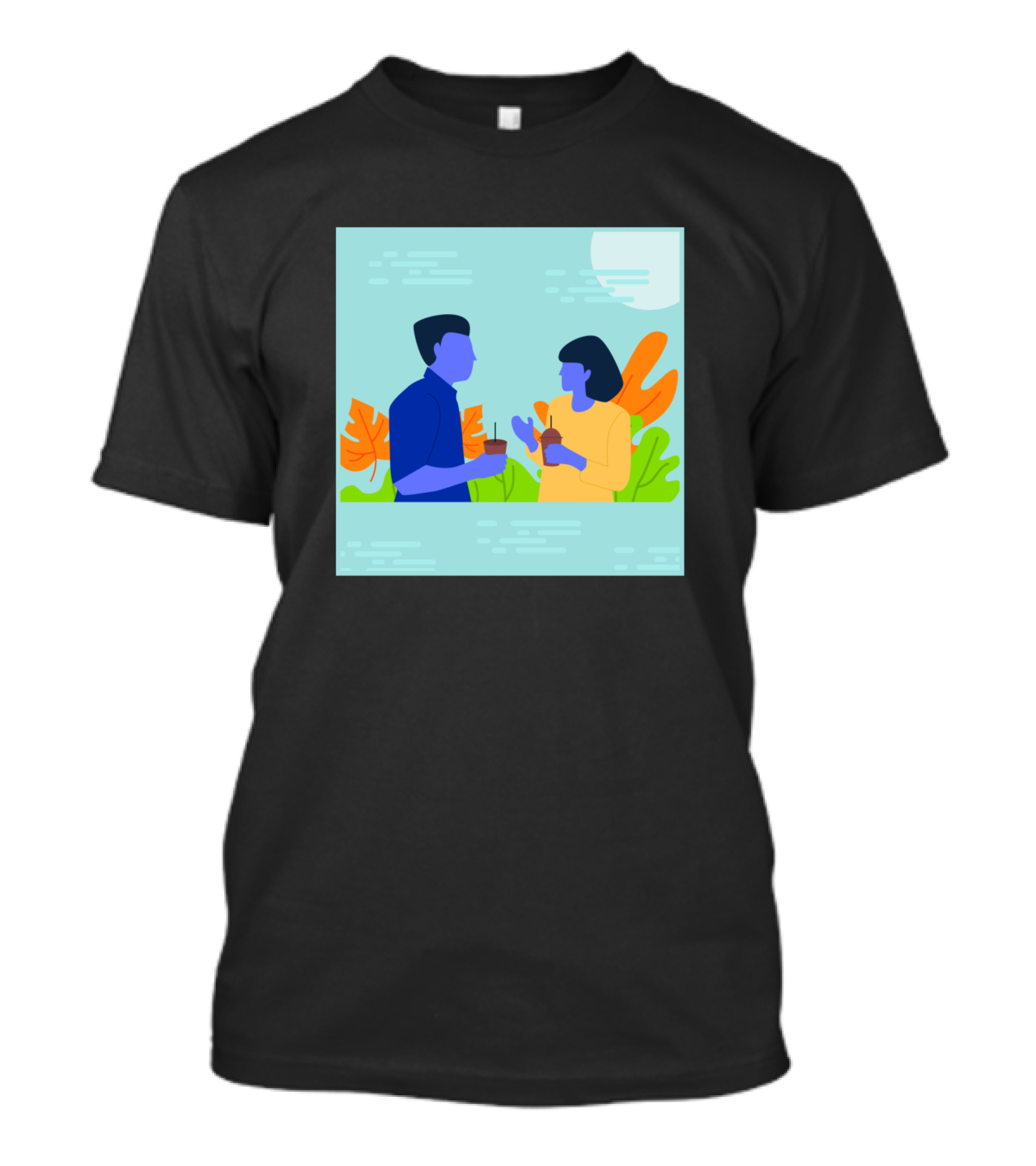 Flat Illustration Of Two People Talking With Tropical Leaves Background T-Shirt