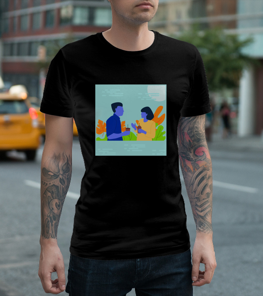 Flat Illustration Of Two People Talking With Tropical Leaves Background T-Shirt