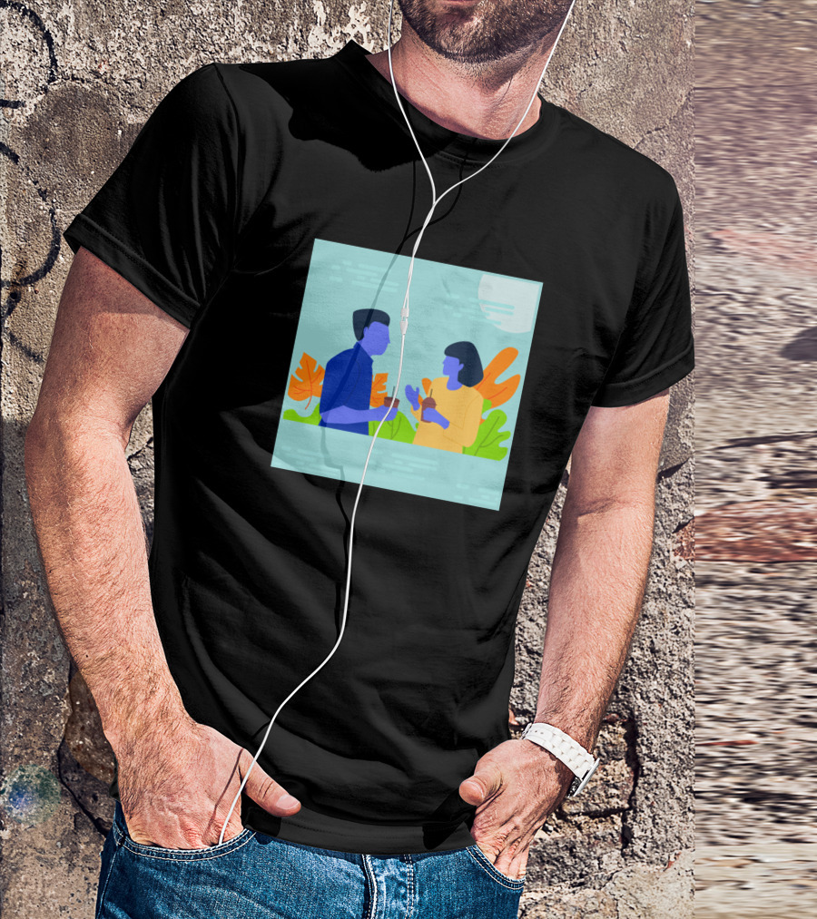 Flat Illustration Of Two People Talking With Tropical Leaves Background T-Shirt
