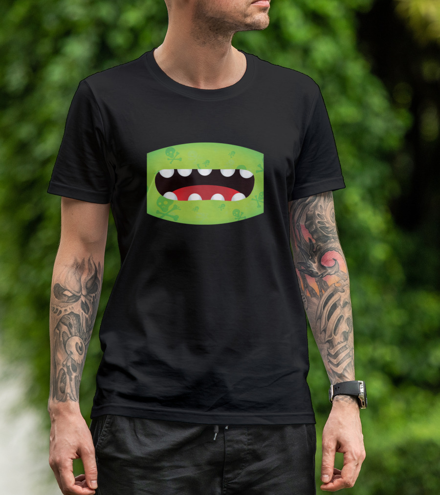 Funny Green Monster Mouth Mask With Skull And Crossbones T-Shirt