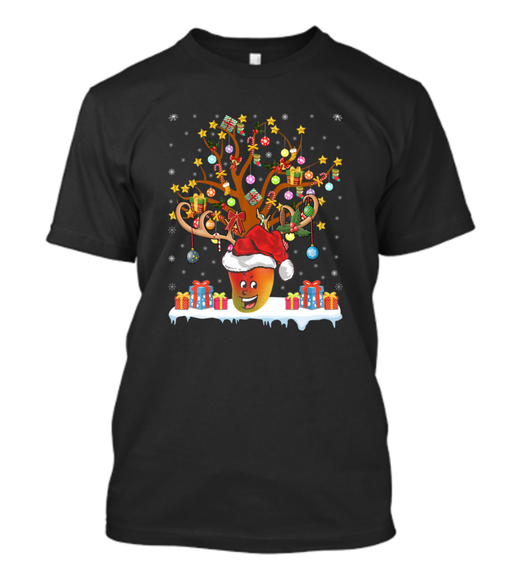Mango Christmas Tree With Santa Hat And Colorful Ornaments T-Shirt