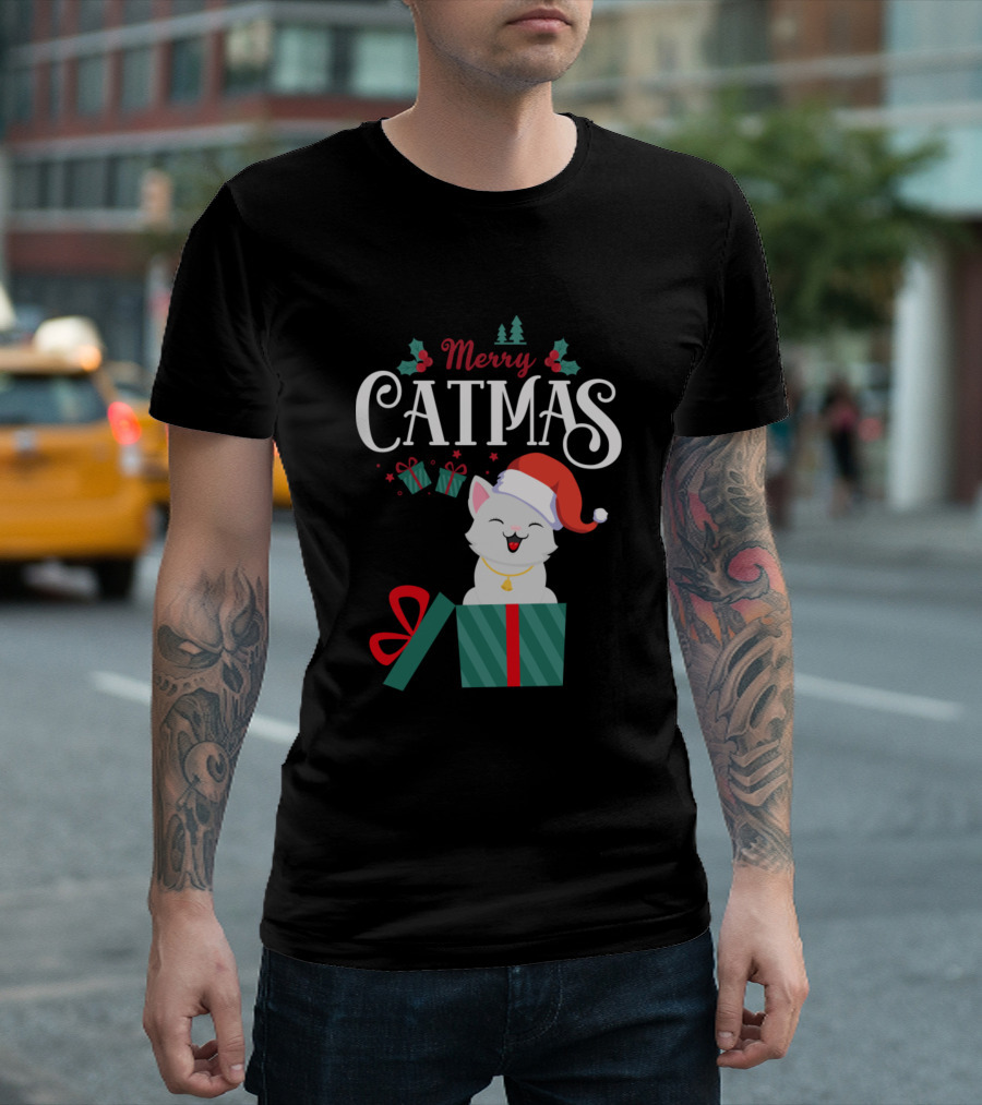 Merry Catmas Santa Hat Cat in Present Box with Gifts and Holly T-Shirt