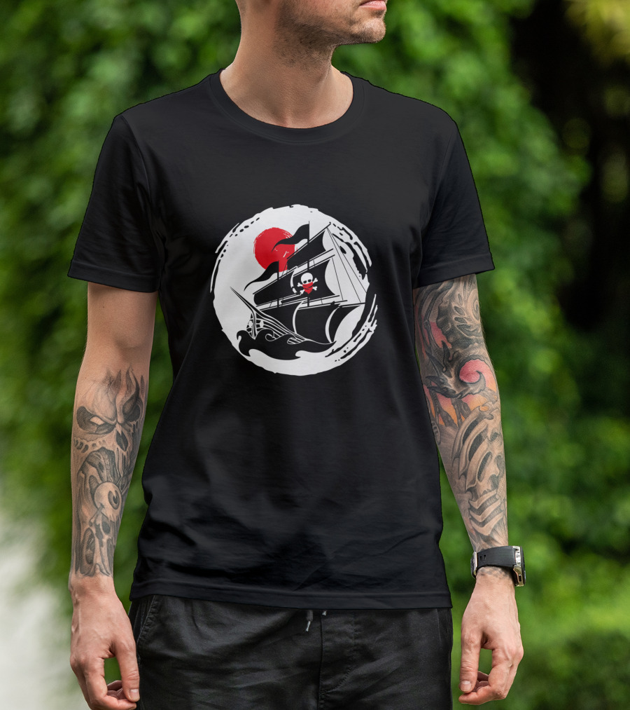 Skull And Crossbones Pirate Ship With Red Sunburst T-Shirt