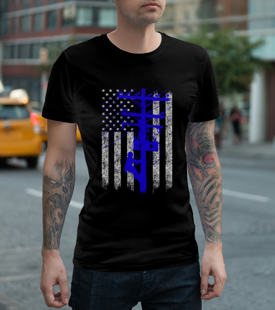 American Flag Lineman Blue Line Poleworker U.S. Flag T-Shirt