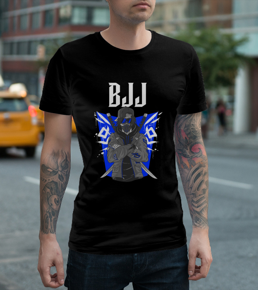 BJJ Anime Guy Blue with Swords and Graffiti Background T-Shirt
