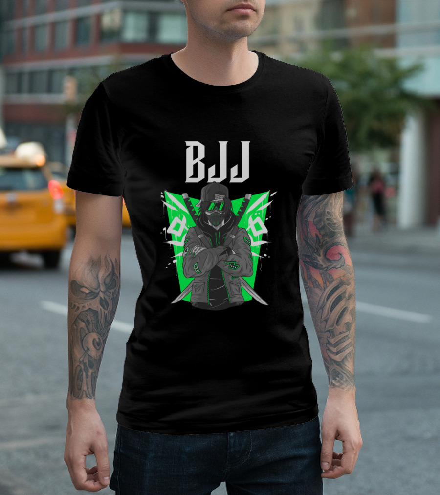 BJJ Anime Guy Green Masked Warrior with Swords T-Shirt