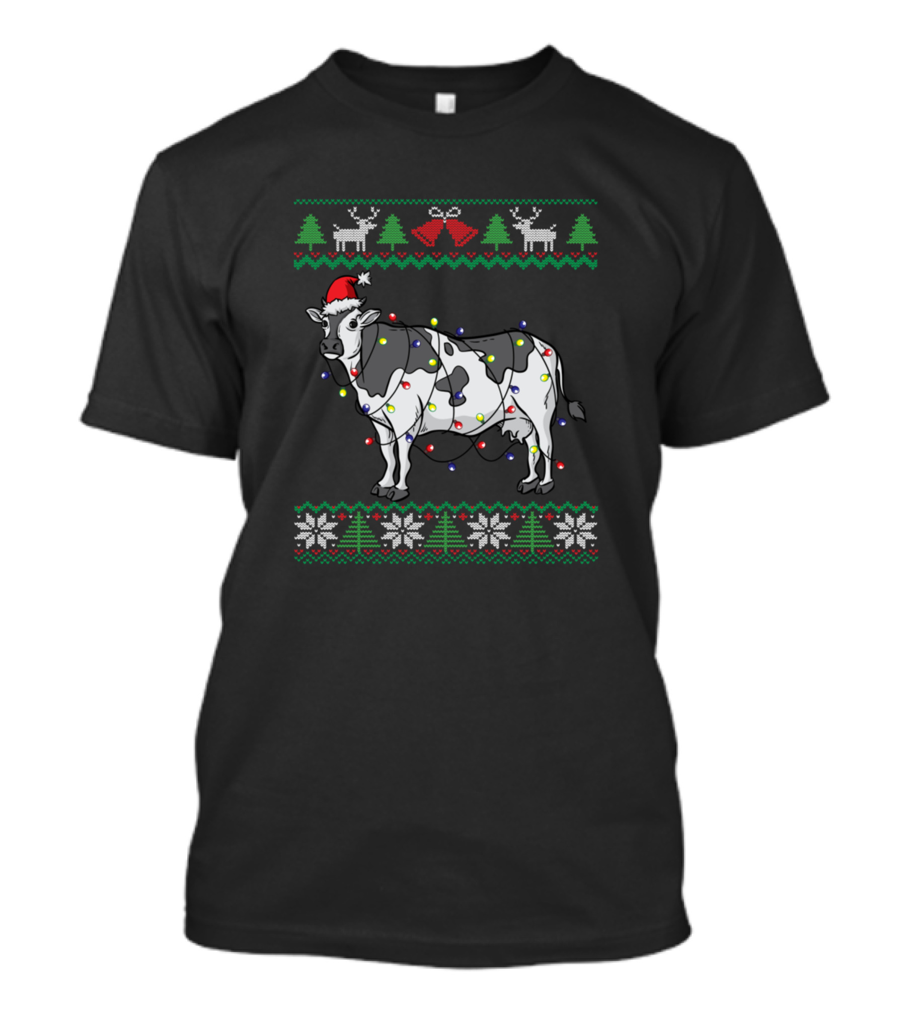 Cow Santa Claus Christmas Lights Holiday Dairy Farmer T-Shirt