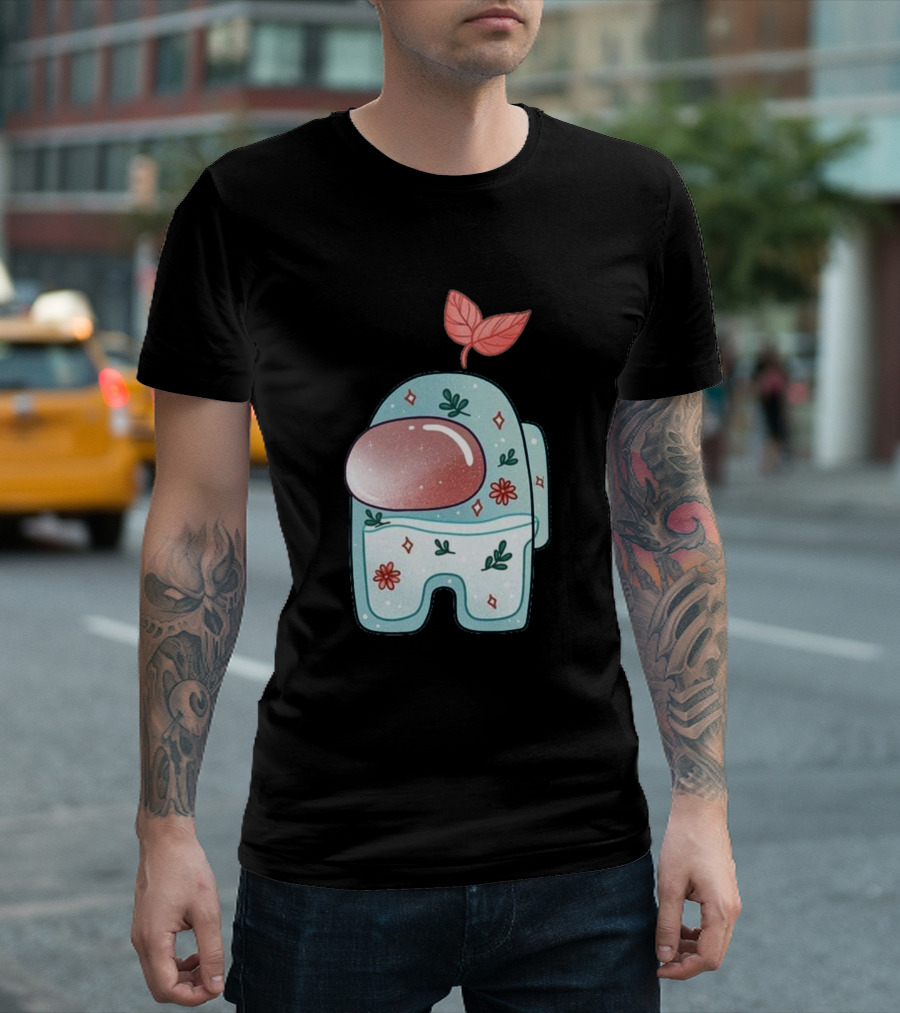 Cute Among Us Crewmate With Pink Leaf Too Cute To Be Sus T-Shirt