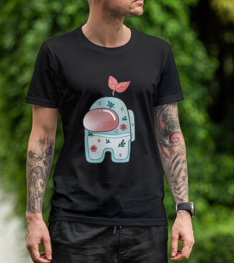 Cute Among Us Crewmate With Pink Leaf Too Cute To Be Sus T-Shirt