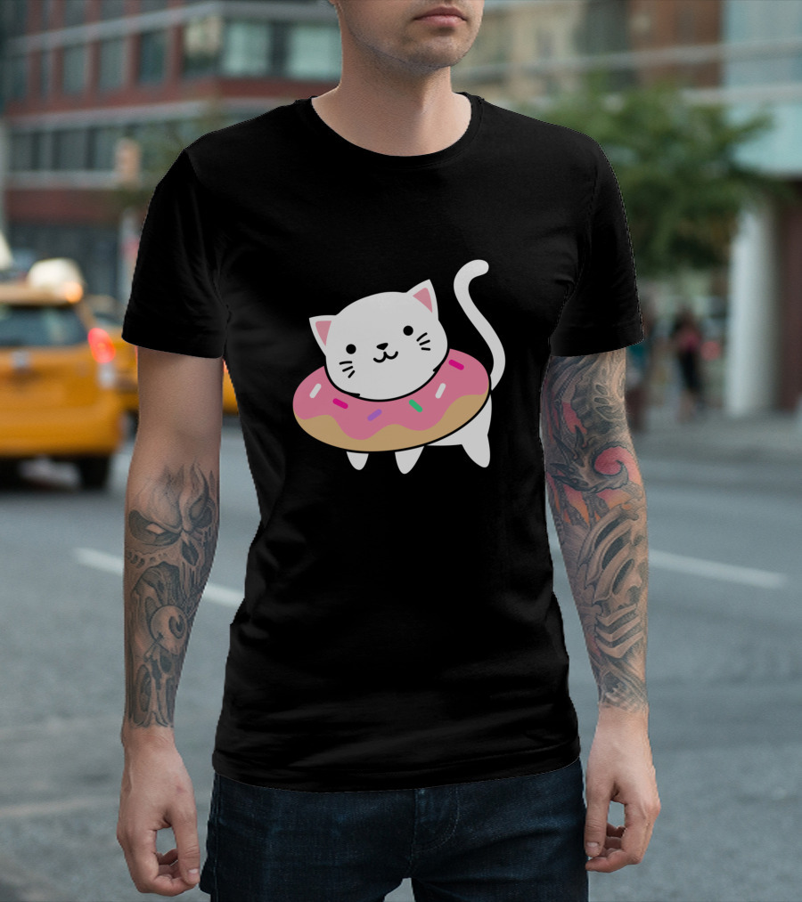 Cute White Cat Inside Pink Frosted Donut with Sprinkles T-Shirt