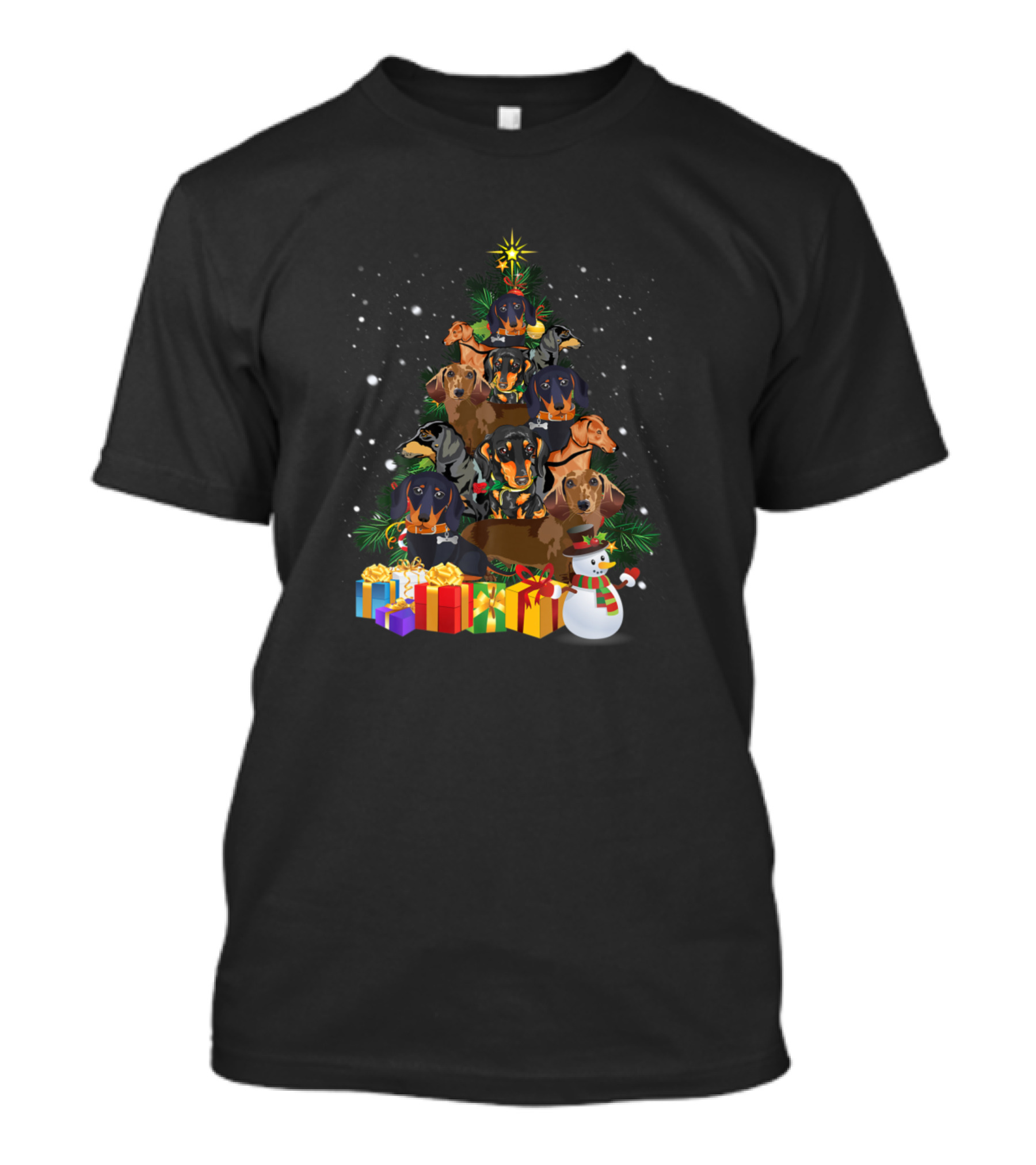 Dachshund Christmas Tree With Snowman And Presents For Cute Dog Lovers T-Shirt