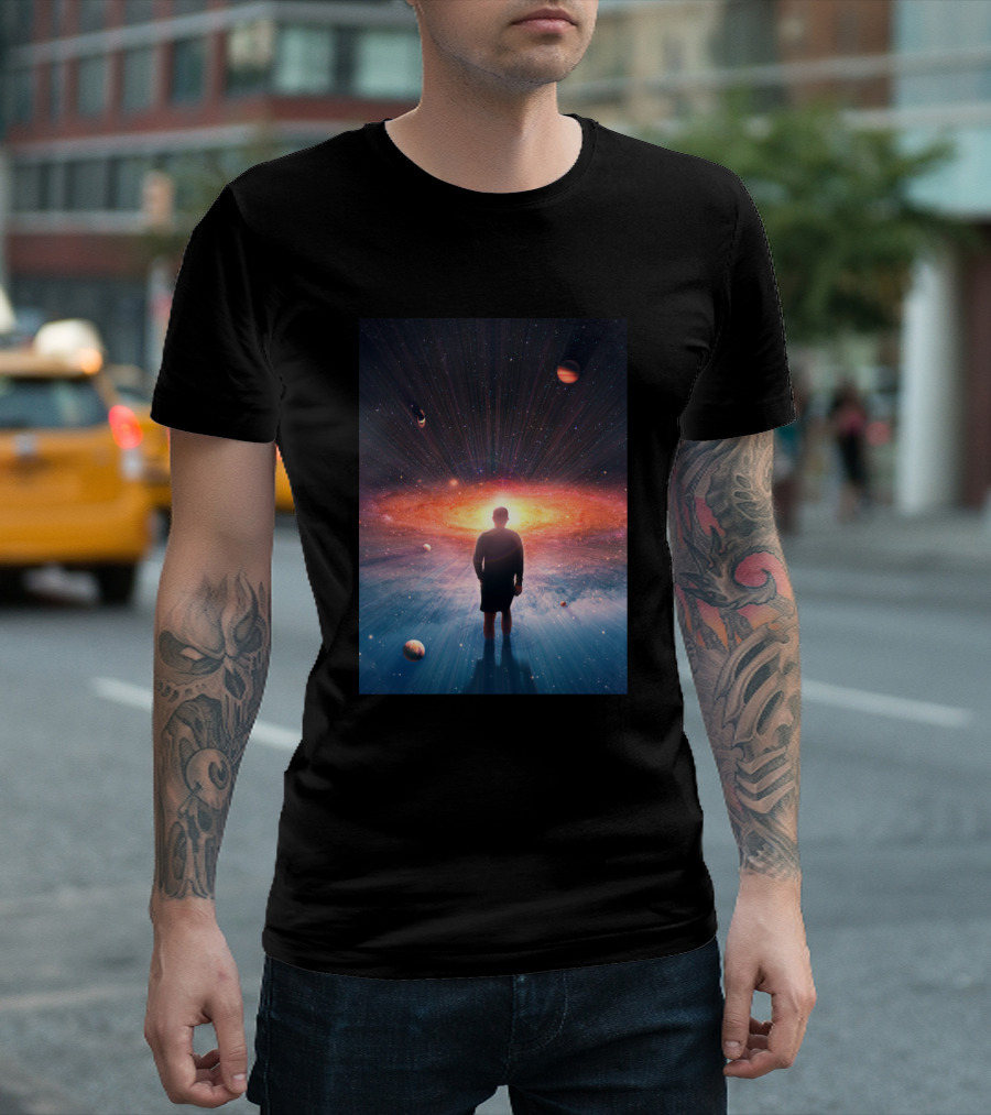 Man Standing Before Cosmic Galaxy Essence Planets And Stars T-Shirt