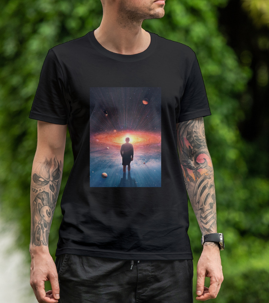 Man Standing Before Cosmic Galaxy Essence Planets And Stars T-Shirt