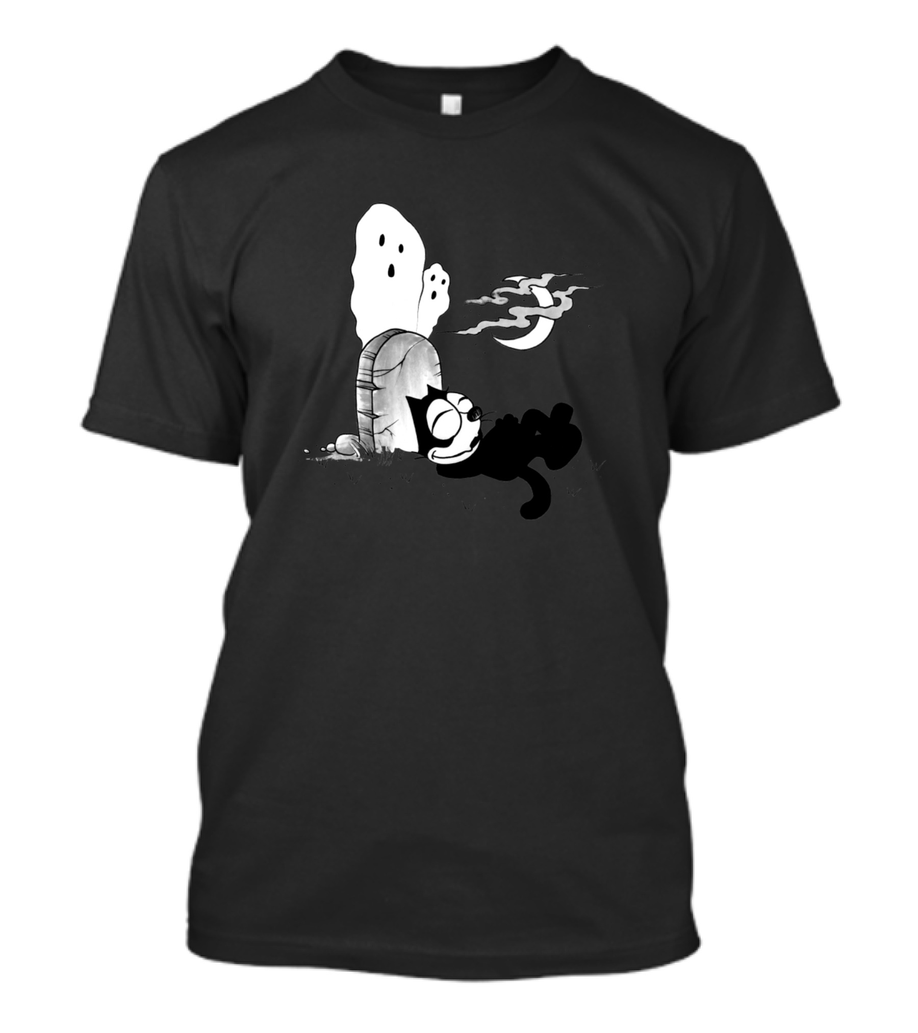 Felix The Cat Sleeping By Grave With Ghosts And Moon T-Shirt