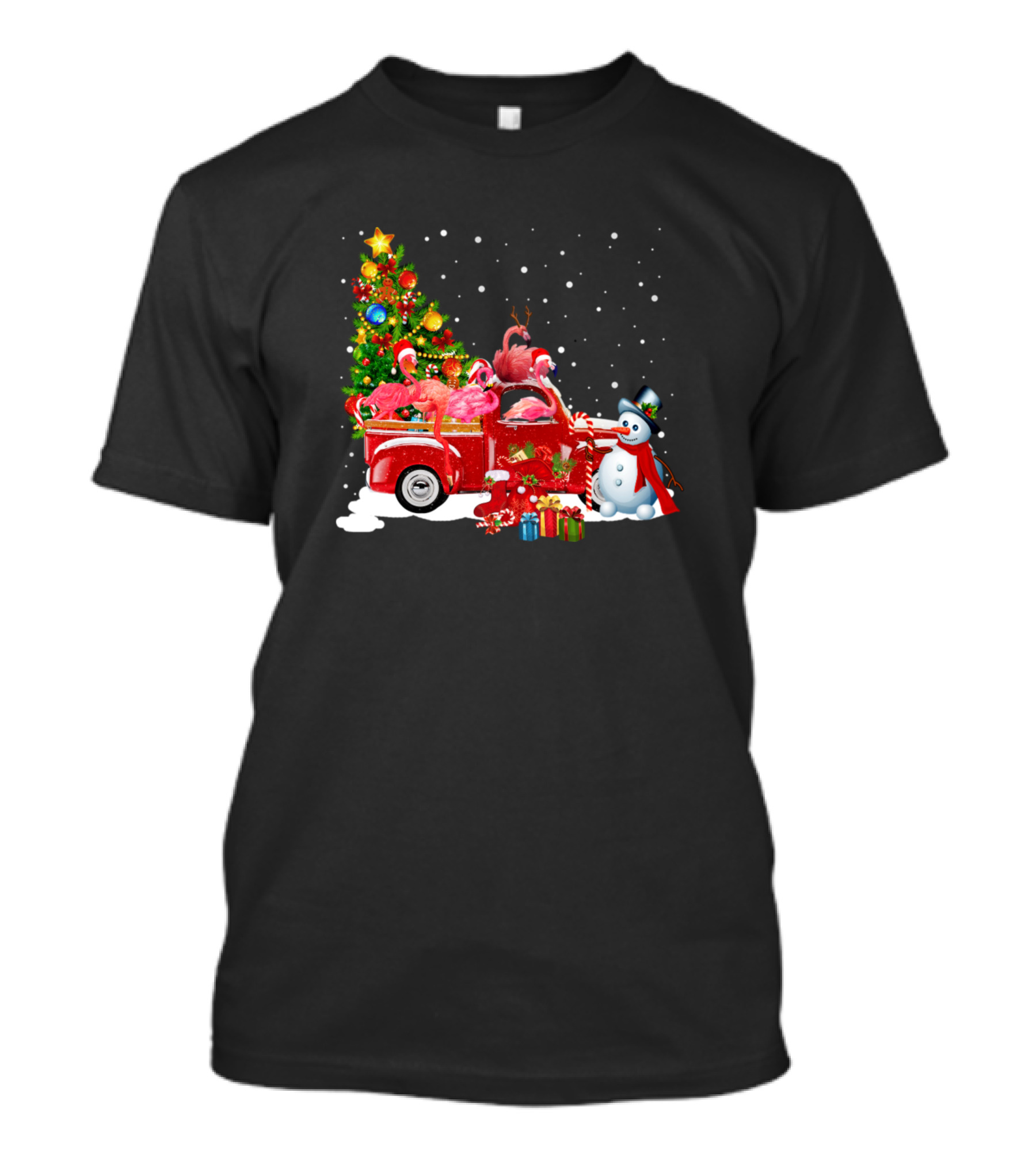 Flamingos In Red Truck With Christmas Tree And Funny Santa Snowman T-Shirt