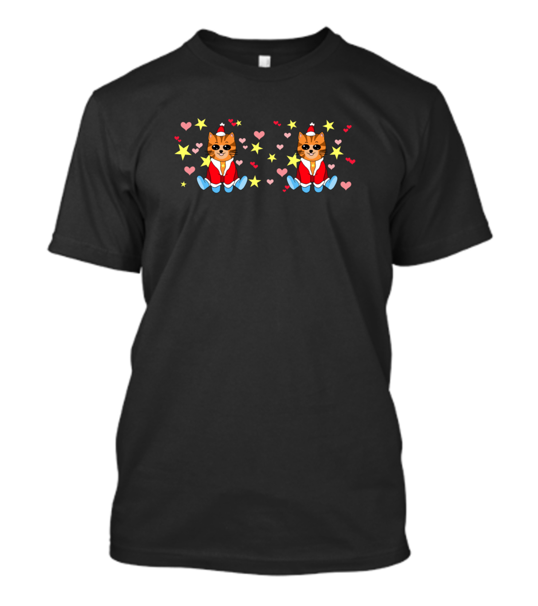 Santa Cat Kawaii Cool Xmas Stars Hearts T-Shirt